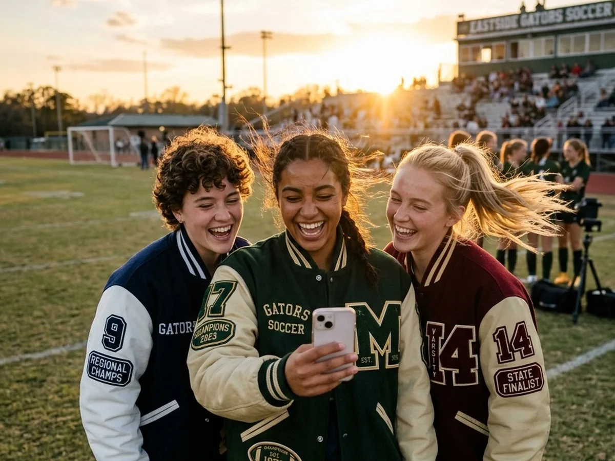 Women's soccer team in custom varsity jackets featuring chenille letters and team patches at the field