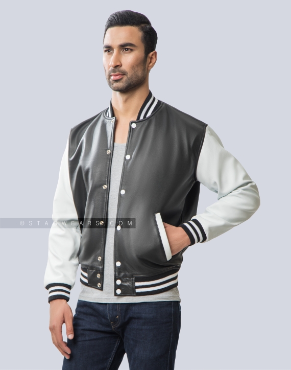 Black Body & White Sleeves Sheep Leather Varsity Jacket Casual