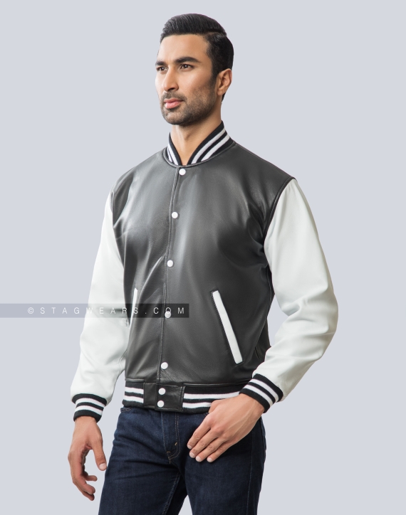 Black Body & White Sleeves Sheep Leather Varsity Jacket Front Side