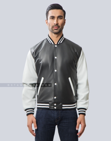 Black Body & White Sleeves Sheep Leather Varsity Jacket