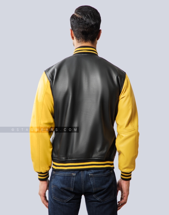 Black Body With Old Gold Sheep Leather Varsity Jacket Back