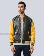 Black Body With Old Gold Sheep Leather Varsity Jacket Casual