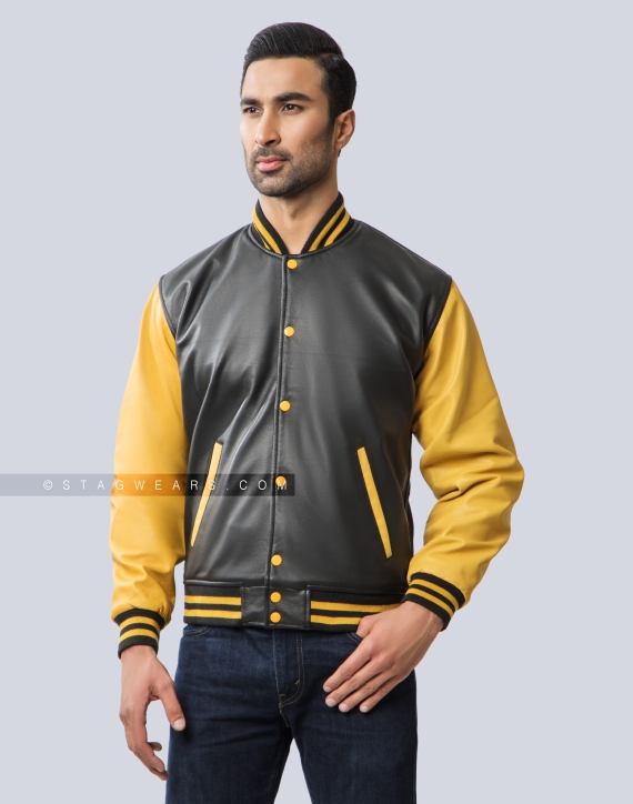 Black Body With Old Gold Sheep Leather Varsity Jacket Front Side