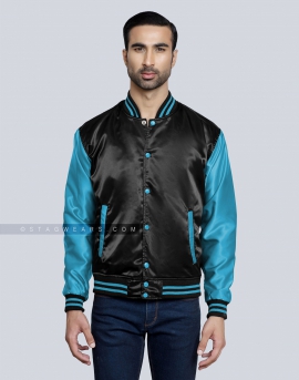 Black Body with Aqua Blue Sleeves Satin Varsity Jacket