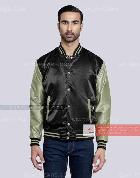 Black Grey Green Satin Varsity Jacket Front
