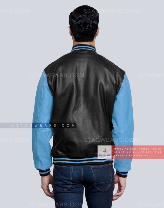 Black Leather body with Sky Blue Leather Sleeves Varsity Jacket Back