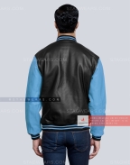 Black Leather body with Sky Blue Leather Sleeves Varsity Jacket Back
