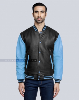 Black Leather body with Sky Blue Leather Sleeves Varsity Jacket