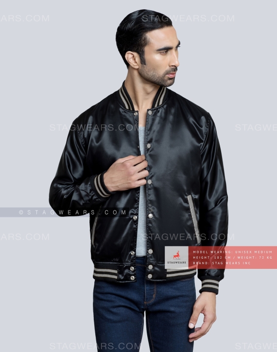 Black Satin Baseball Jacket with Grey pockets and Knit lines Casual