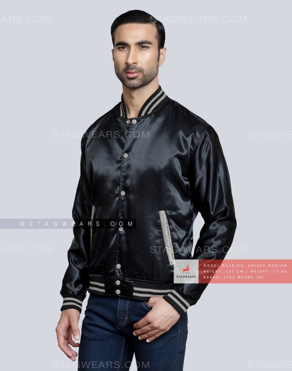 Black Satin Baseball Jacket with Grey pockets and Knit lines Front Side