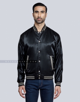 Black Satin Baseball Jacket with Grey pockets and Knit lines