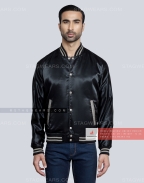Black Satin Baseball Jacket with Grey pockets and Knit lines Front
