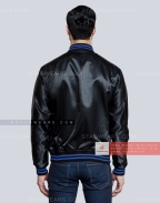 Black Satin Baseball Jacket with Royal Blue pockets and Knit lines Back