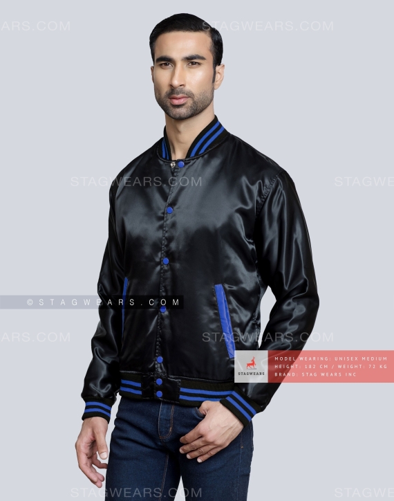 Black Satin Baseball Jacket with Royal Blue pockets and Knit lines Front Side
