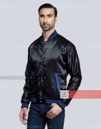 Black Satin Baseball Jacket with Royal Blue pockets and Knit lines Front Side