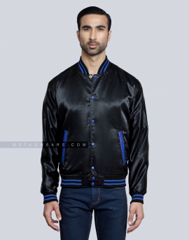 Black Satin Baseball Jacket with Royal Blue pockets and Knit lines