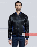 Black Satin Baseball Jacket with Royal Blue pockets and Knit lines Front