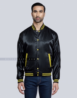 Black Satin Baseball Jacket with Yellow pockets and Knit lines