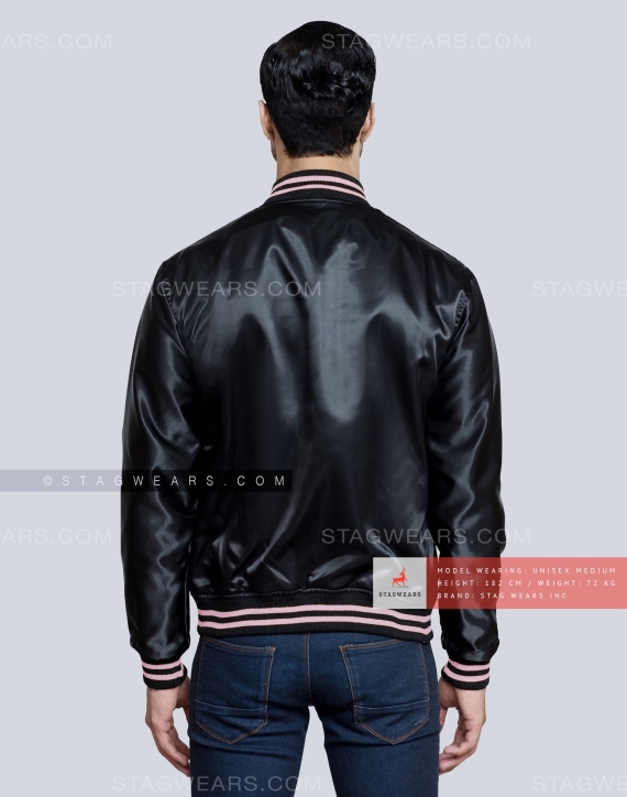 Black Satin Varsity Jacket with Baby Pink pockets and Knit lines Back