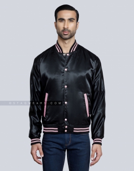 Black Satin Varsity Jacket with Baby Pink pockets and Knit lines