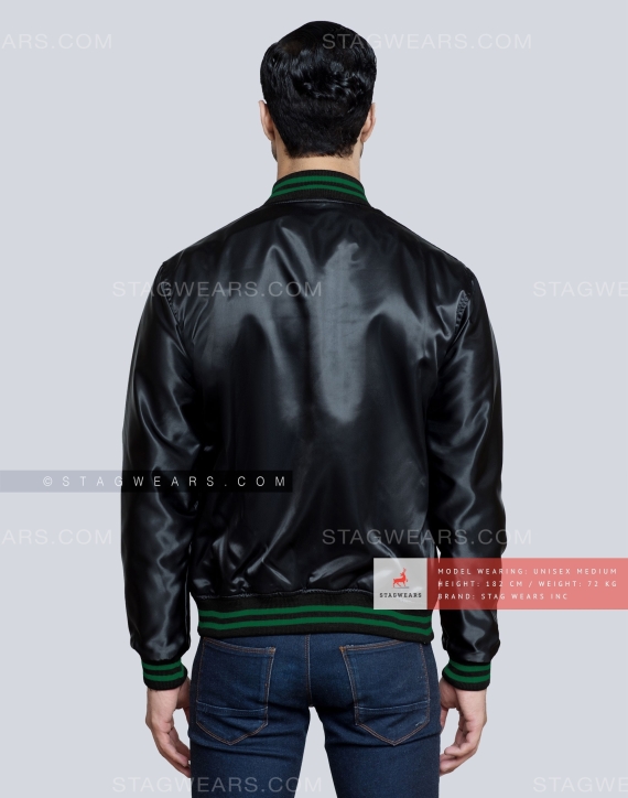 Black Satin Varsity Jacket with Dark Green pockets and Knit lines Back