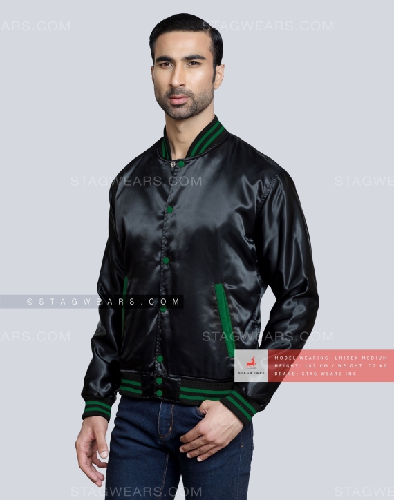 Black Satin Varsity Jacket with Dark Green pockets and Knit lines Front Side