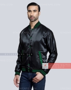 Black Satin Varsity Jacket with Dark Green pockets and Knit lines Front Side