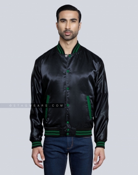 Black Satin Varsity Jacket with Dark Green pockets and Knit lines