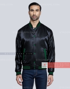 Black Satin Varsity Jacket with Dark Green pockets and Knit lines Front