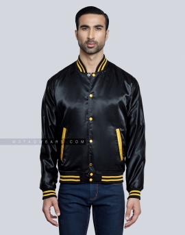 Black Satin Varsity Jacket with Gold pockets and Knit lines
