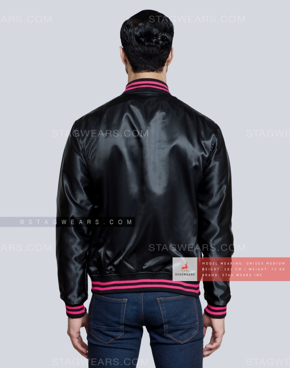Black Satin Varsity Jacket with Hot Pink pockets and Knit lines Back