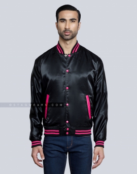 Black Satin Varsity Jacket with Hot Pink pockets and Knit lines