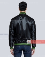 Black Satin Varsity Jacket with Kelly Green pockets and Knit lines Back