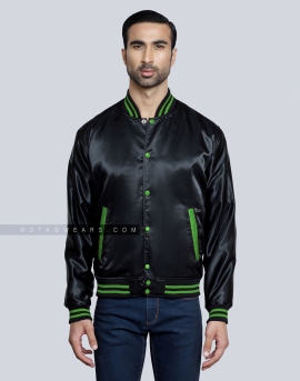 Black Satin Varsity Jacket with Kelly Green pockets and Knit lines