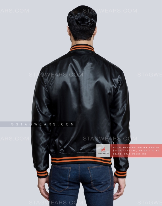 Black Satin Varsity Jacket with Orange pockets and Knit lines Back