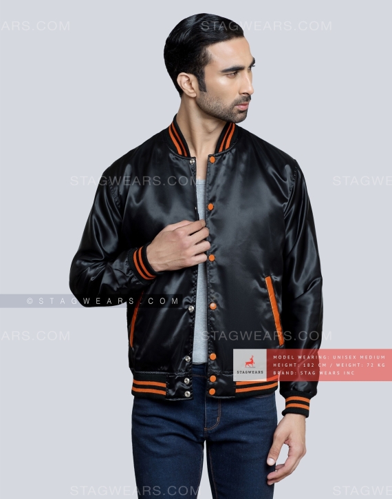 Black Satin Varsity Jacket with Orange pockets and Knit lines Casual