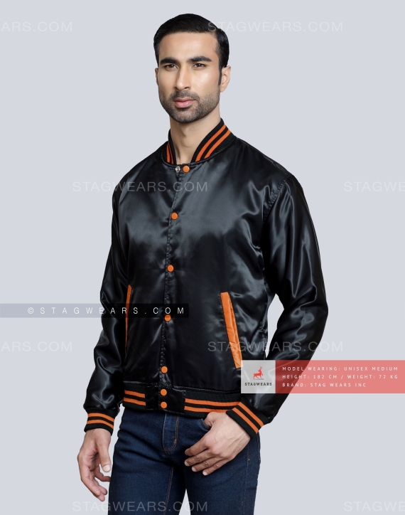 Black Satin Varsity Jacket with Orange pockets and Knit lines Front Side