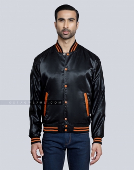 Black Satin Varsity Jacket with Orange pockets and Knit lines