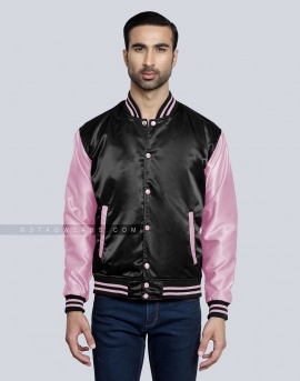 Black body with Baby Pink sleeves Satin Varsity Jacket