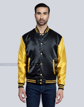 Black body with Gold Sleeves Satin Varsity Jacket