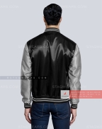 Black body with Grey Sleeves Satin Baseball Jackets Back