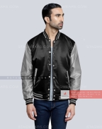 Black body with Grey Sleeves Satin Baseball Jackets Casual