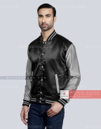 Black body with Grey Sleeves Satin Baseball Jackets Front Side