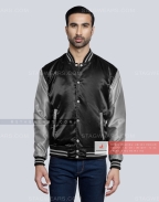 Black body with Grey Sleeves Satin Baseball Jackets Front