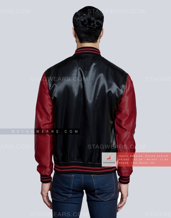 Black body with Maroon Sleeves Satin Varsity Jacket Back