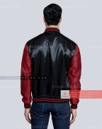 Black body with Maroon Sleeves Satin Varsity Jacket Back