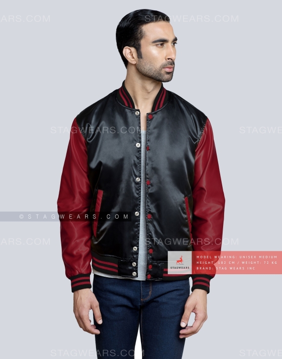 Black body with Maroon Sleeves Satin Varsity Jacket Casual