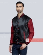 Black body with Maroon Sleeves Satin Varsity Jacket Front Side