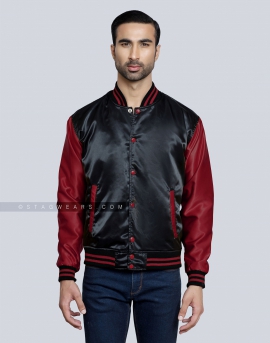 Black body with Maroon Sleeves Satin Varsity Jacket