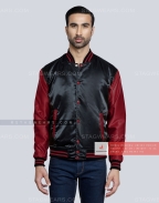 Black body with Maroon Sleeves Satin Varsity Jacket Front